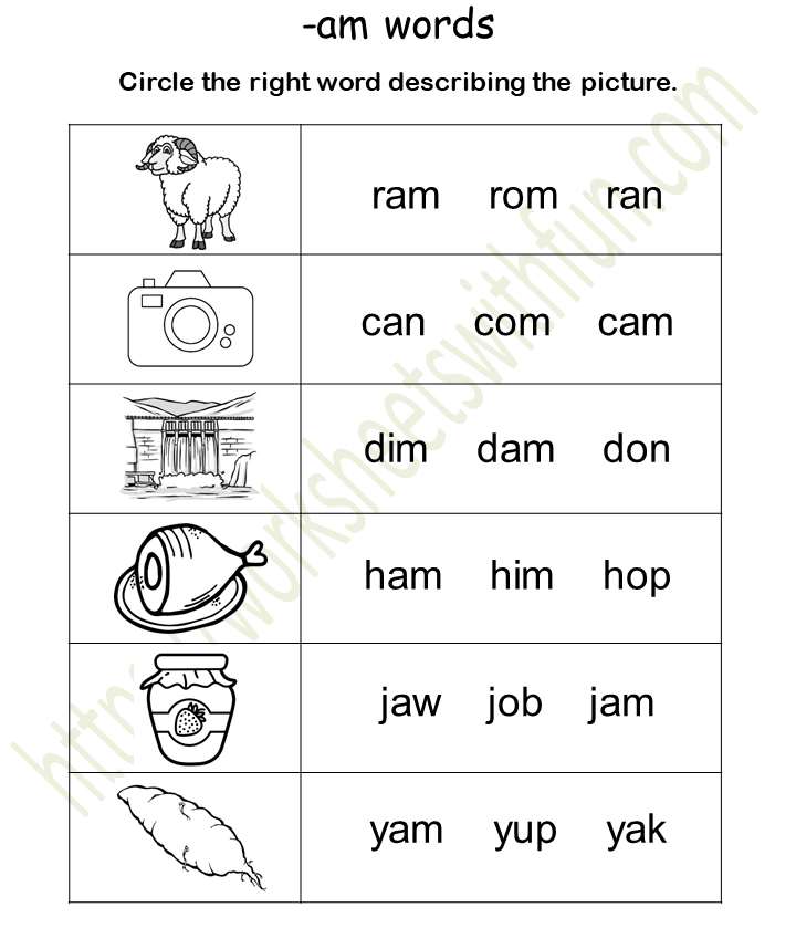 English General Preschool Am Word Family Worksheet 5